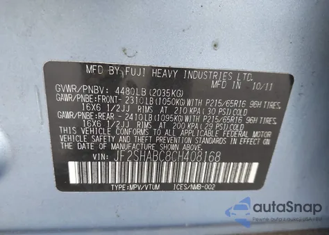 2012 Subaru Forester 2.5X from USA, damaged, VIN JF2SHABC8CH408168